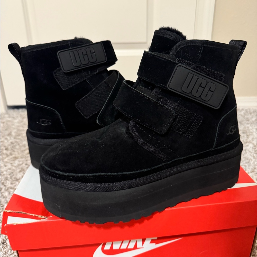 UGG ‘Neumel’ Black Boots with Platform Sole and Velcro Straps